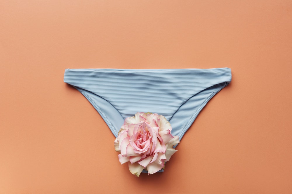 Blue underwear with pink rose in the crotch to show clean vagina