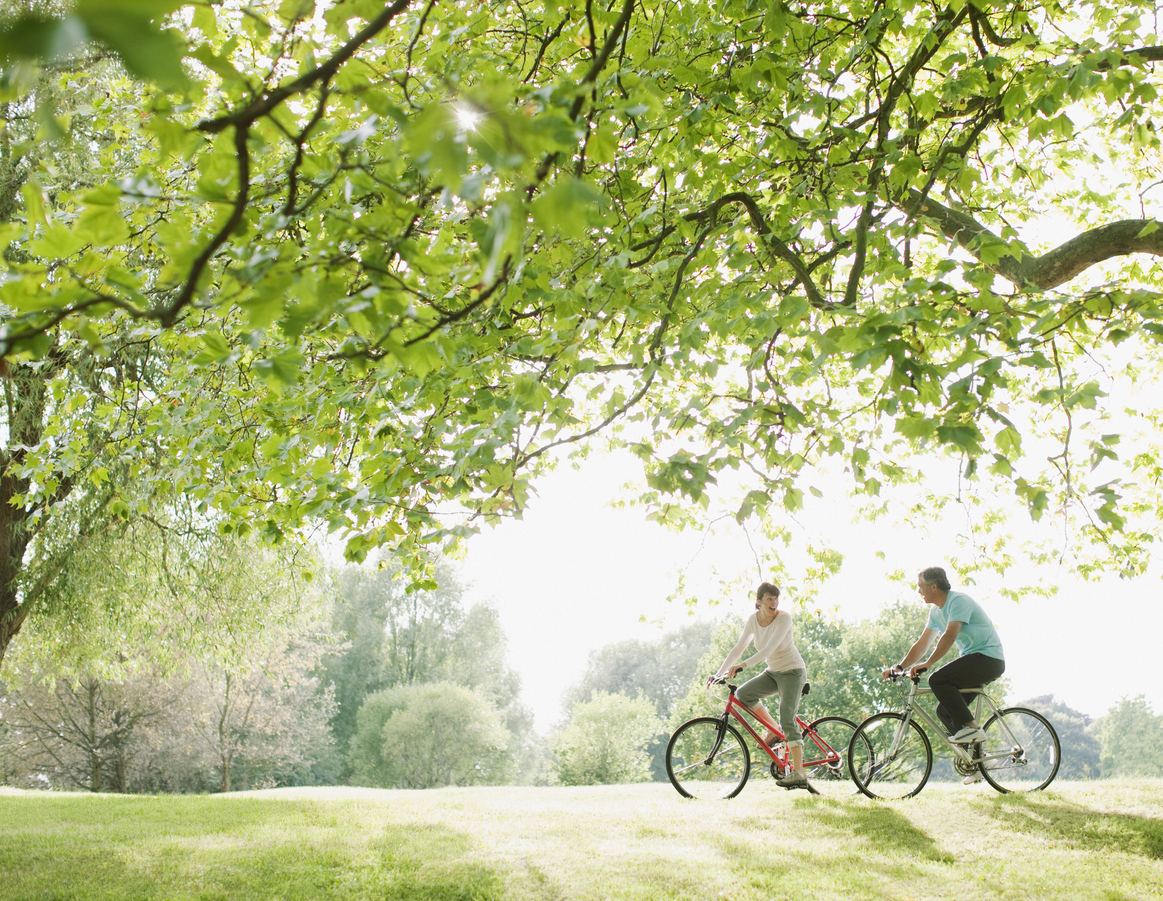 Couple cycling through a park on bikes surrounded by trees