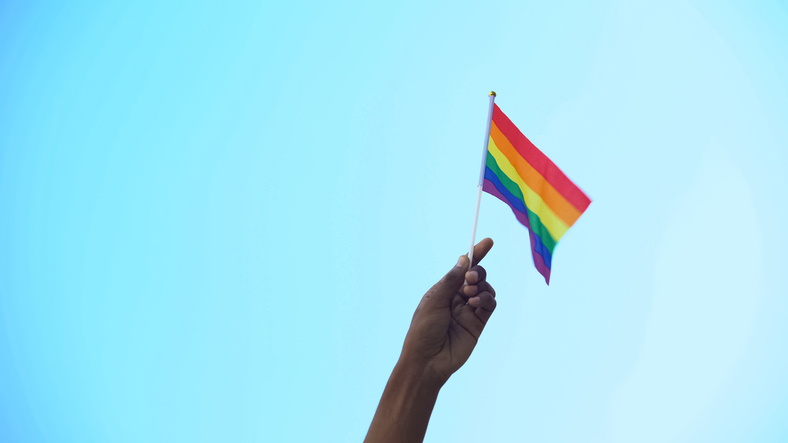 Hand holding LGBTQ+ flag
