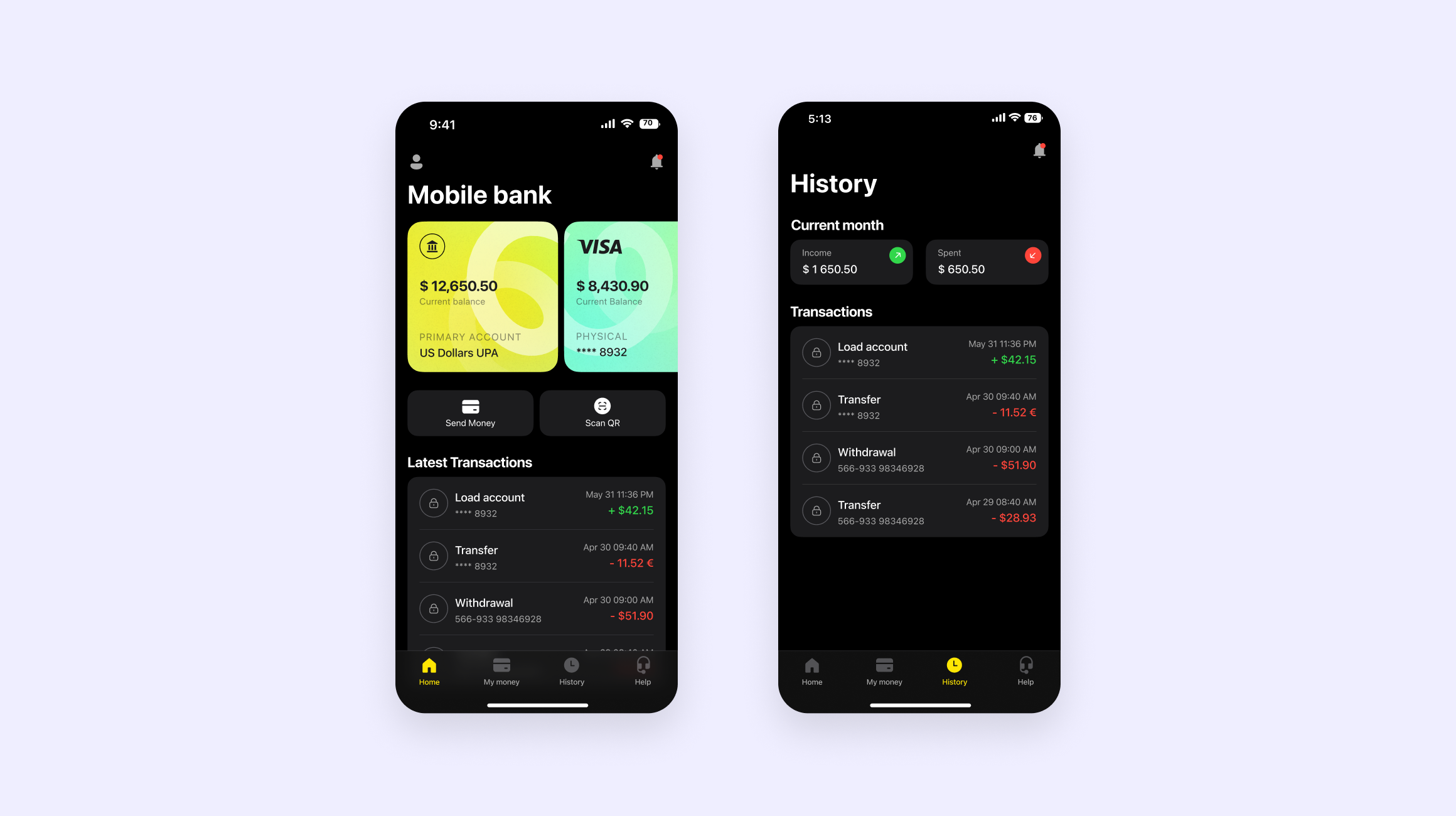 Current balance and transaction history