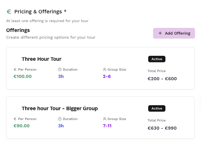 Screenshot: Offerings under Tour