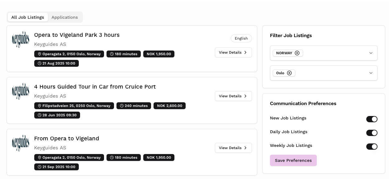 Screenshot Job Board listings