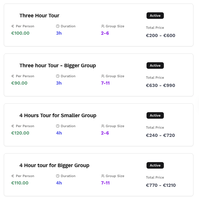 Screenshot: 4 offerings under a tour