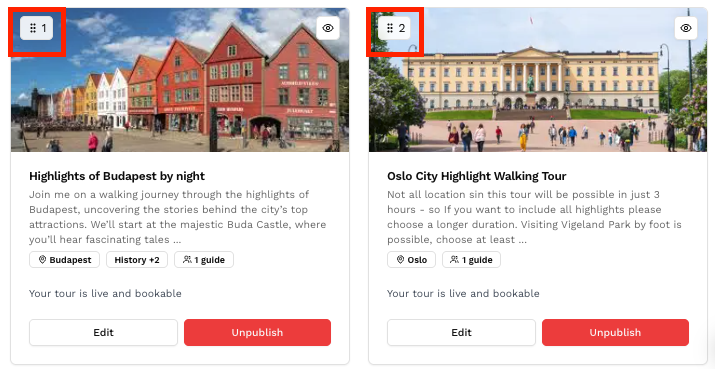 Screenshot of Tours you can order