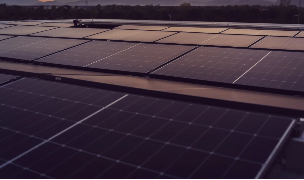 Image of a number solar panels on top of large commercial building