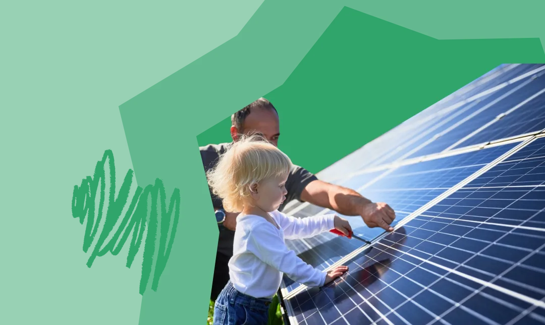 Solar-power-simplified-child-and-father-looking-at-solar-panels