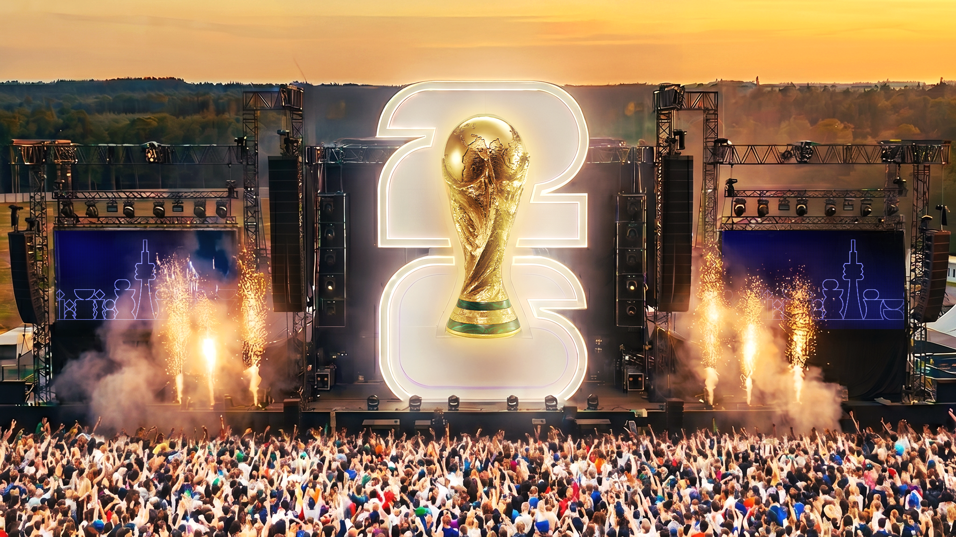 Artist rendering of an outdoor concert stage featuring the FIFA World Cup trophy.