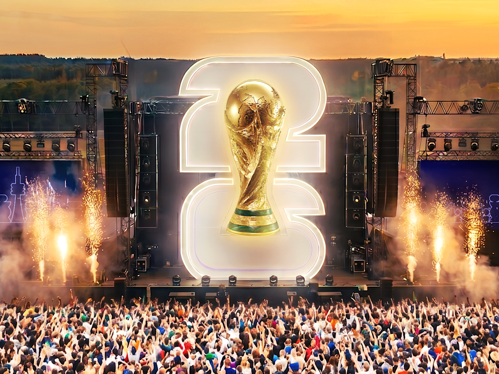 Artist rendering of an outdoor concert stage featuring the FIFA World Cup trophy.