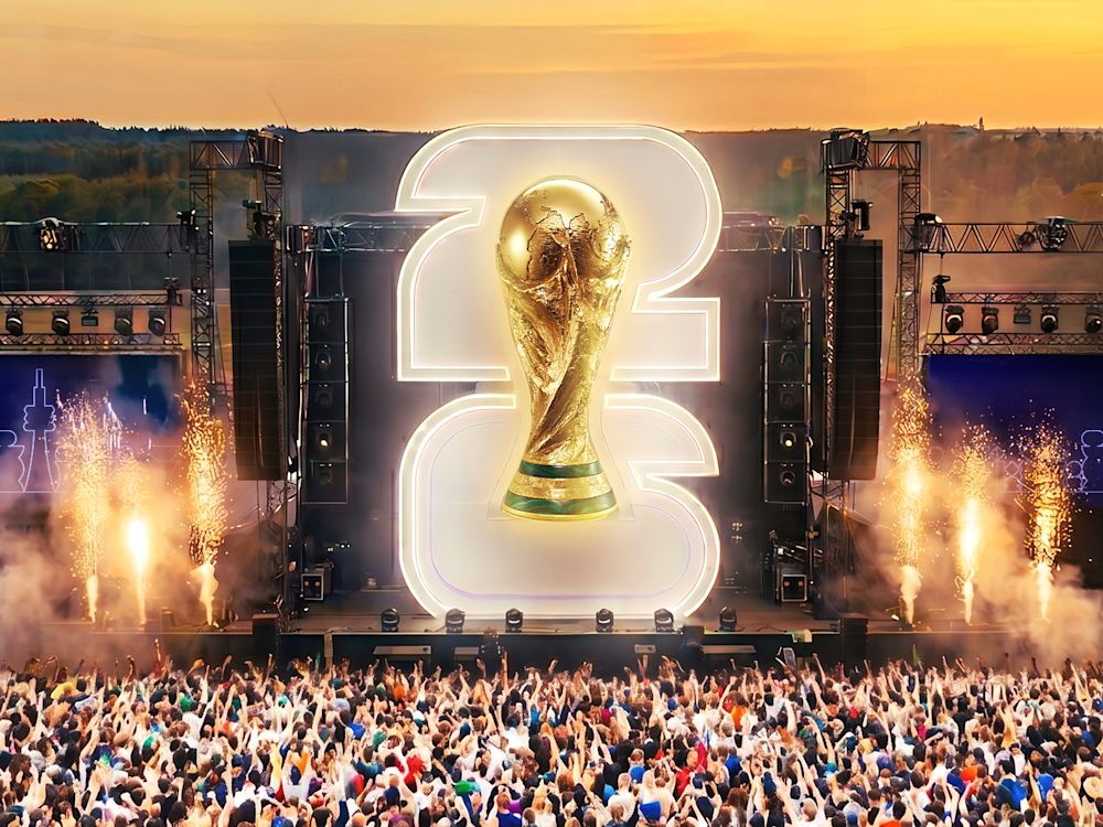Artist rendering of an outdoor concert stage featuring the FIFA World Cup trophy.