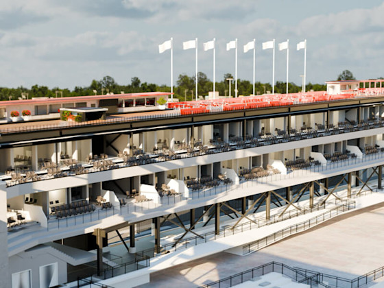 Rendu des rénos du stade de Toronto avec plusieurs niveaux de sièges, salons et espaces repas sur le toit