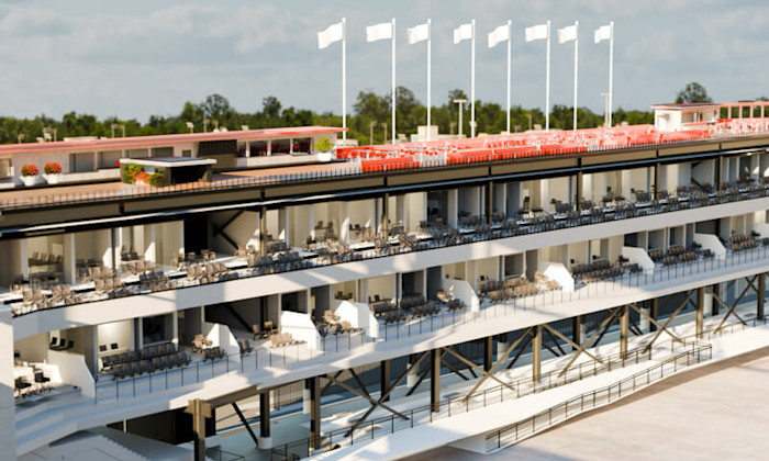Rendu des rénos du stade de Toronto avec plusieurs niveaux de sièges, salons et espaces repas sur le toit