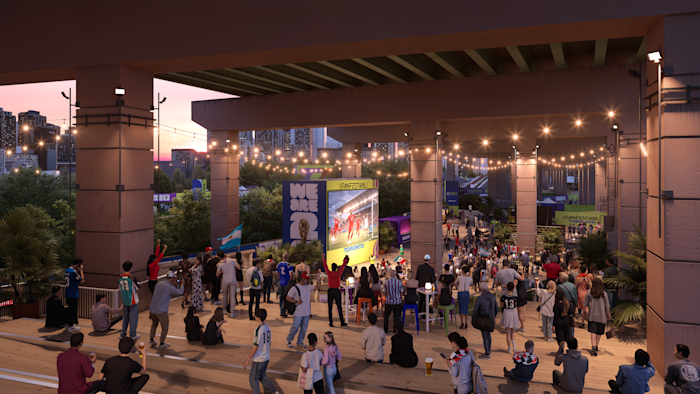 An artist rendering of an outdoor festival featuring a large viewing screen and people mingling in the area.