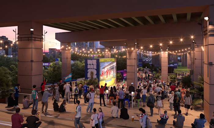 An artist rendering of an outdoor festival featuring a large viewing screen and people mingling in the area.