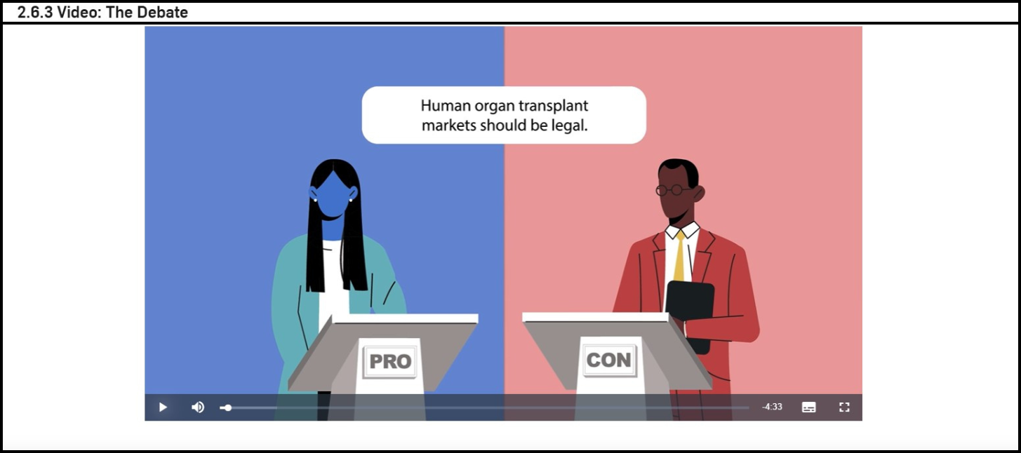 Animation of people at podiums having a debate on human organ transplant