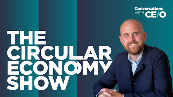 The Circular Economy Show logo, with a headshot to the right and a mixed blue background