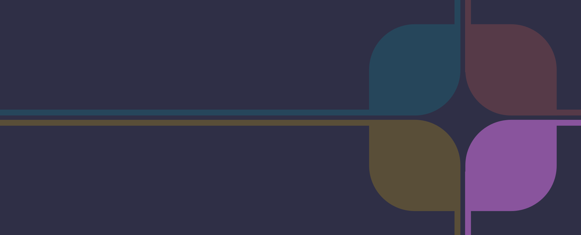 Abstract geometric design on a dark blue background featuring overlapping rounded squares in dulled out teal, red, yellow, and bright purple with thin coloured lines creating a grid pattern.