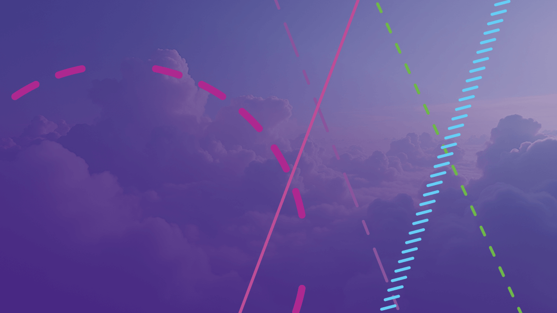 Clouds on a purple background with pattern lines and circles overlayed on top