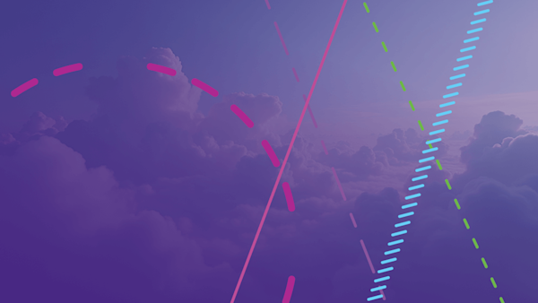 Clouds on a purple background with pattern lines and circles overlayed on top