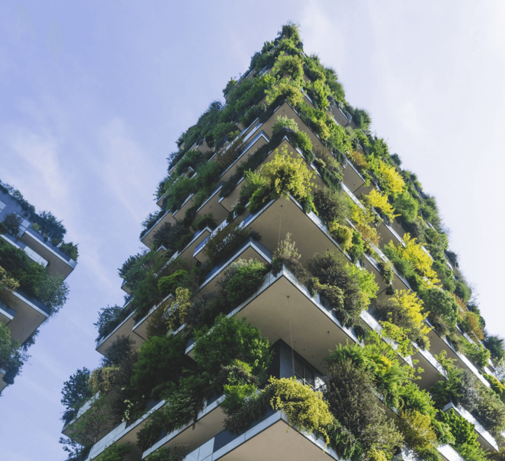 Image of an apartment block covered with greenery