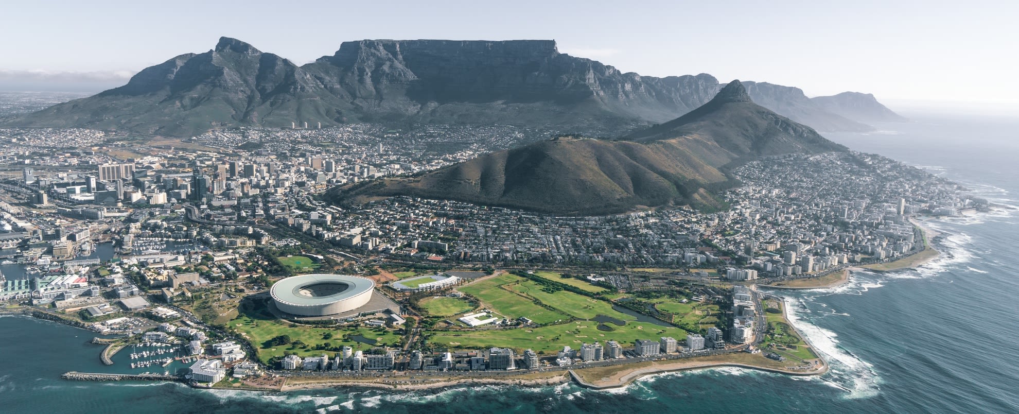 Ariel view above of Cape Town in the daytime.

