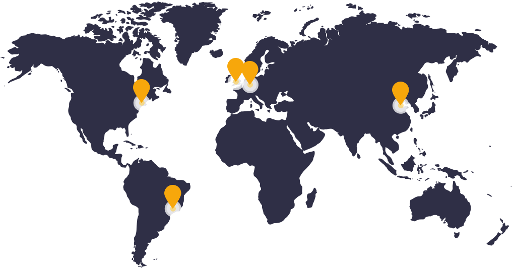 一张世界地图，我们的办公室分别在北美、拉丁美洲、欧洲和亚洲