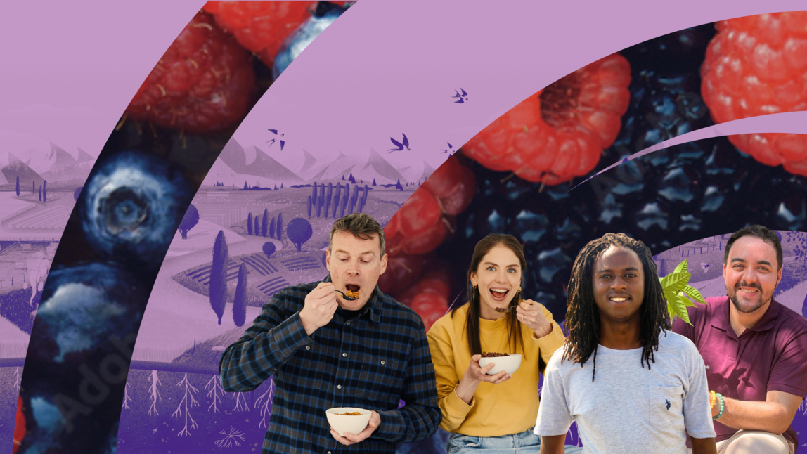 Image of 4 people in front of a purple background. 