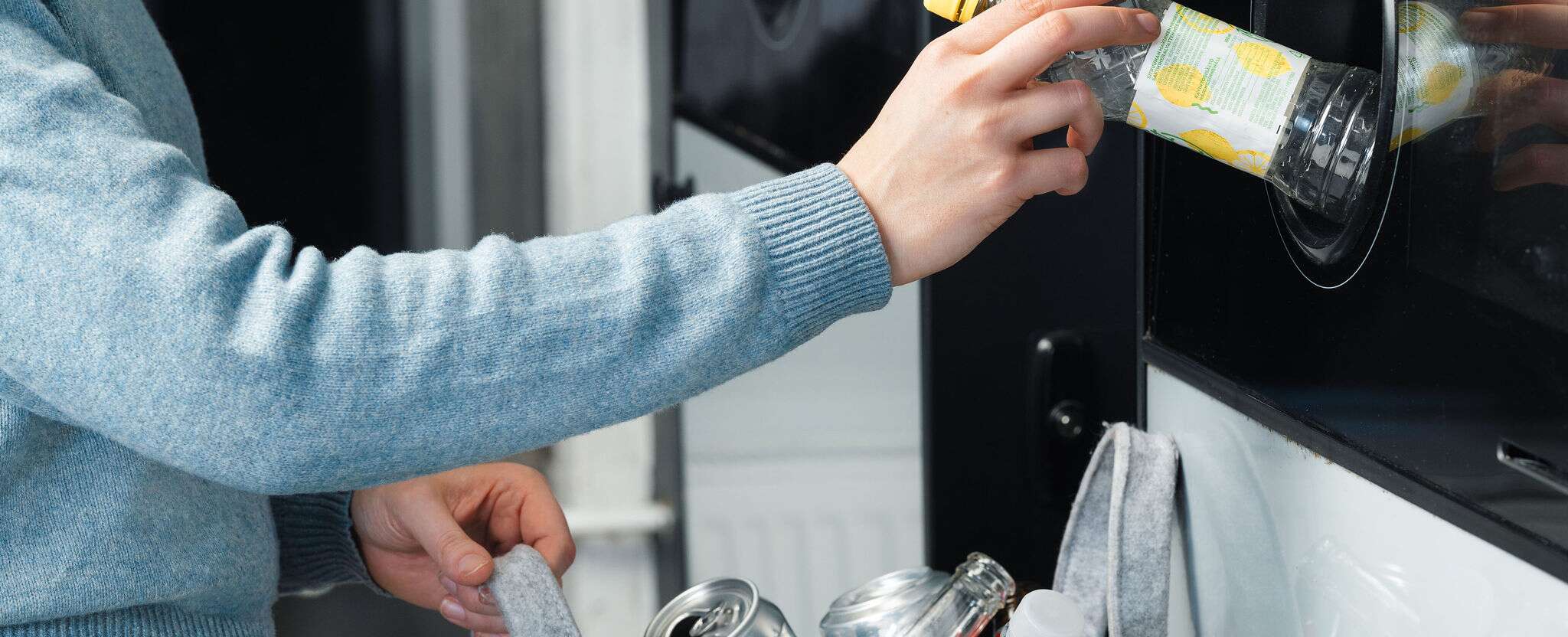 person putting plastic bottle in the bin