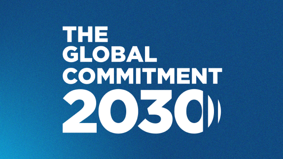 The Global Commitment 2030 logo on a blue background gradient