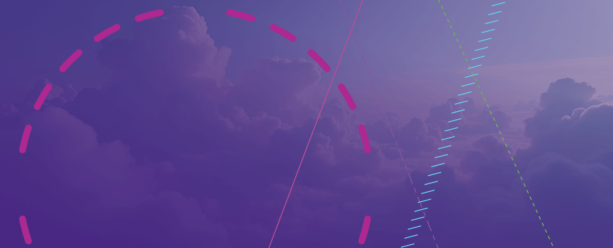 Clouds on a purple background with pattern lines and circles overlayed on top