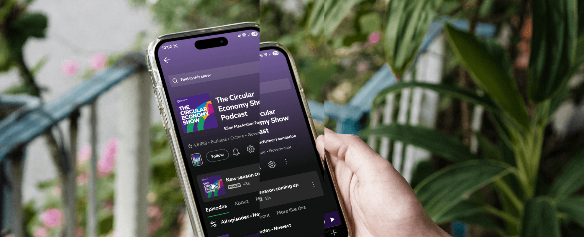 Person holding a phone that is displaying the podcast channel