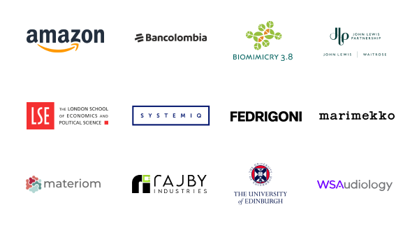Logo block image of new joiners to our network, this image displays logos from the following companies: Amazon, Bancolombia, Biomimicry 3.8, John Lewis, The London School of Economics & Political Science, Systemig, Fedrigoni, Marimekko, Materiom, Rajby Industries, The University of Edinburgh, WS Audiology.
