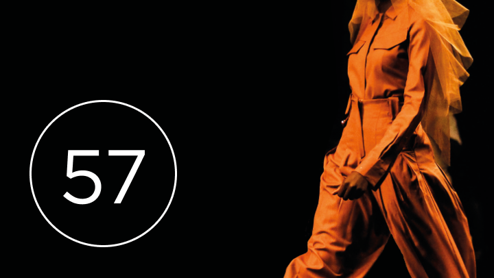 Fashion model on black background with number '57' in bottom left