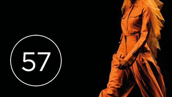 Fashion model on black background with number '57' in bottom left