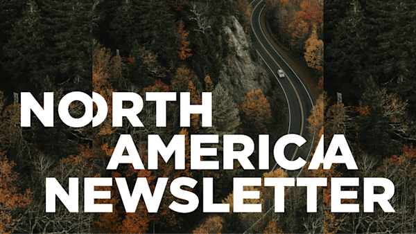 Birds eye image of thick forrest, with a road winding through the clearing, a lone white car is on the road.