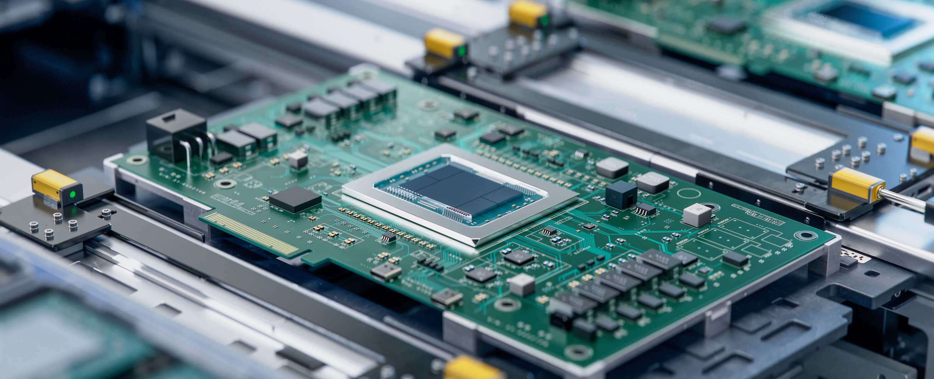 Circuit Board with Advanced Microchip on Assembly Line.