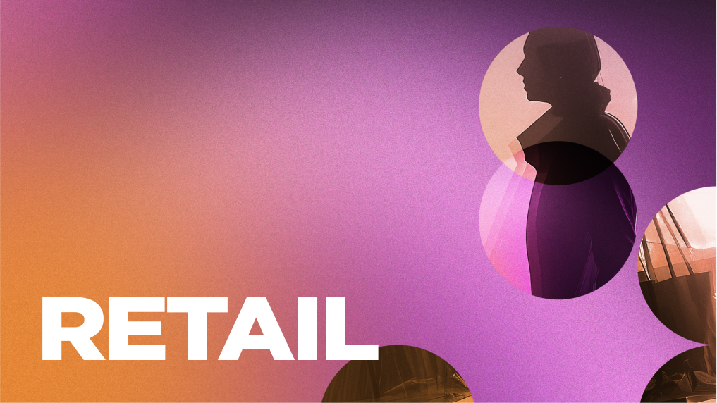 Background colour gradient with circles overlayed on the top with a picture of a shopper inside the circles.