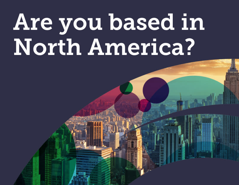 An sign up form illustrating "are you based in North America". The background showcases different buildings.