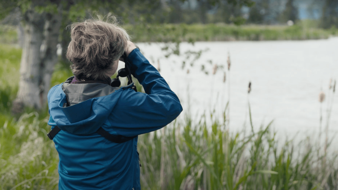 An image of a woman looking out onto a lake. 