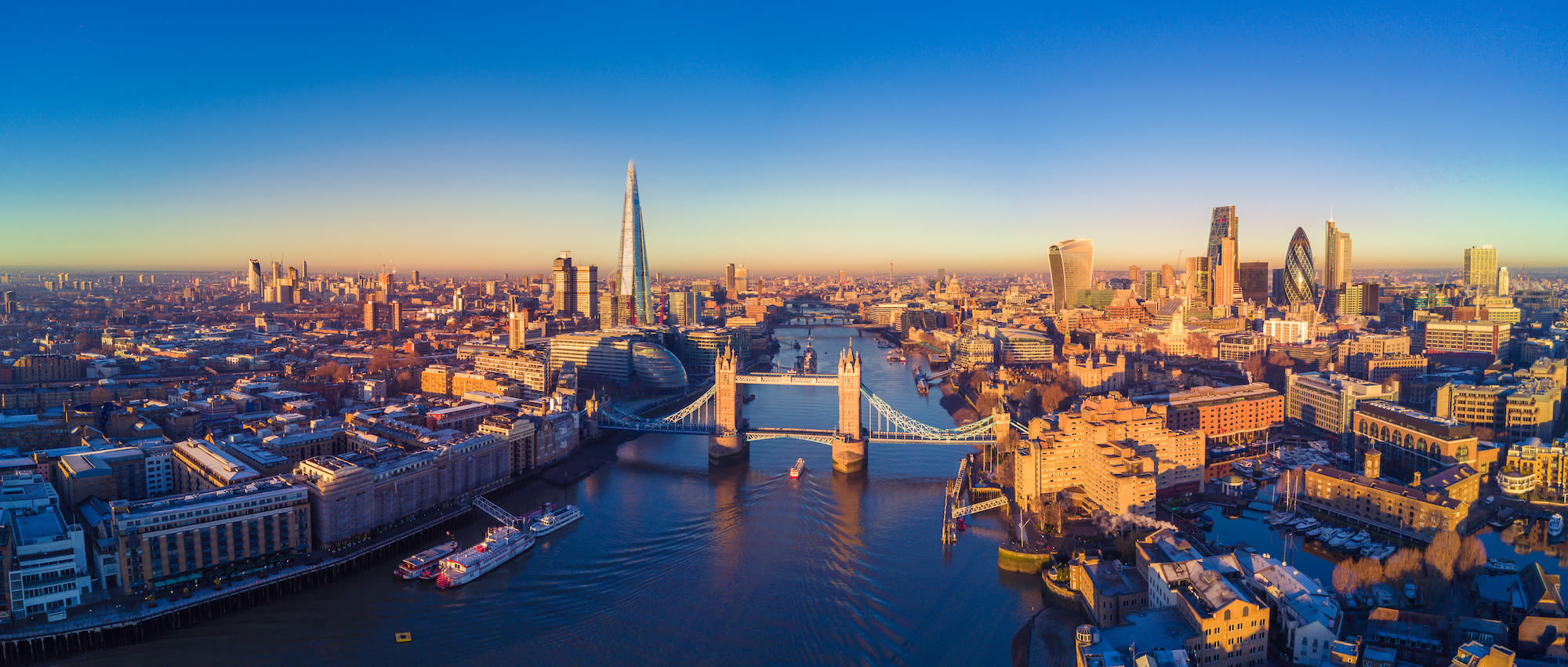 Aerial photo of the Thames including Tower Bridge, the Shard and the City