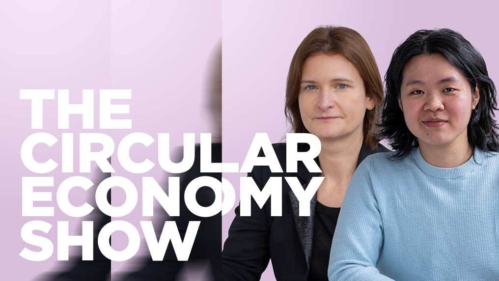 Pink background, circular economy show text, and two ladies headshots 