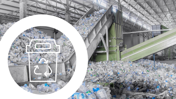 Recycle bin icon on picture of a recycling plant