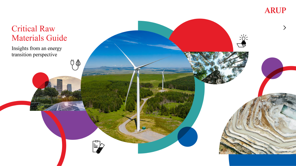 Cover image from Arup report showing wind turbine, raw minerals, city and forrest in circular shapes.