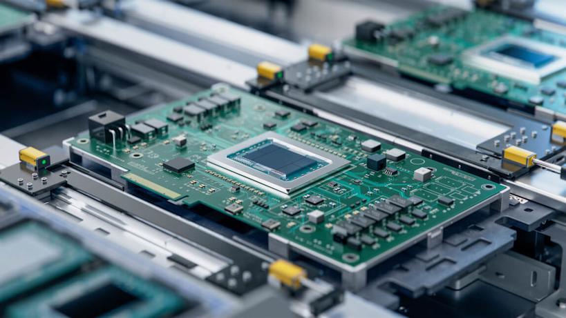 Circuit Board with Advanced Microchip on Assembly Line.