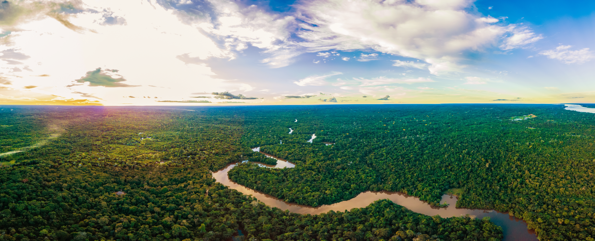 A landscape image of a Morning in the Amazon Rainforest, an aerial view of the forest and the sky above. 


