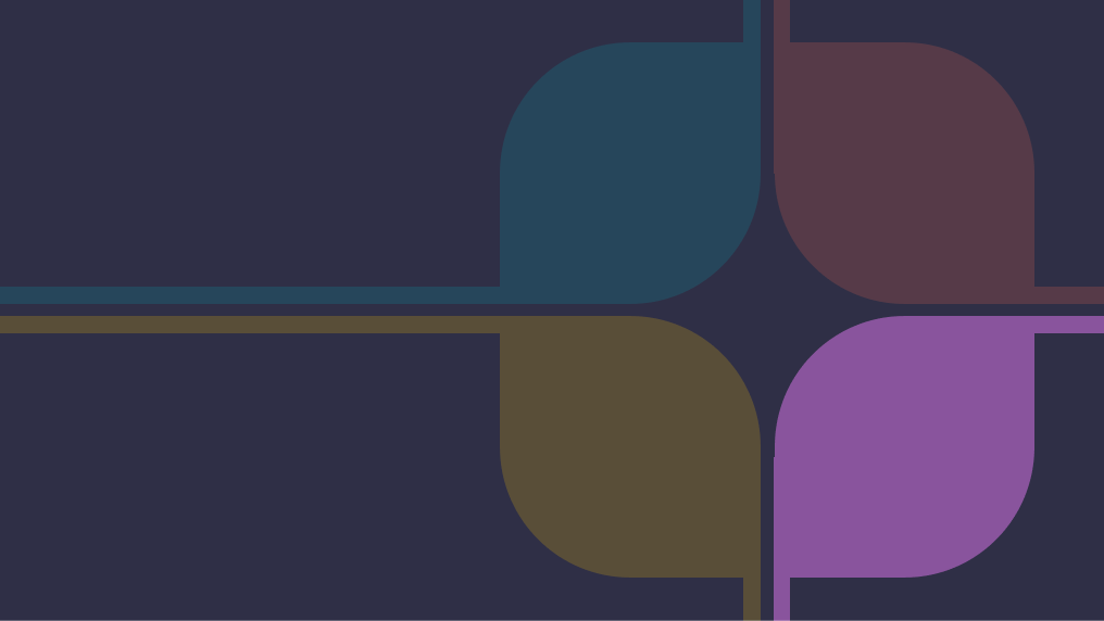 Abstract geometric design on a dark blue background featuring overlapping rounded squares in dulled out teal, red, yellow, and bright purple with thin coloured lines creating a grid pattern.