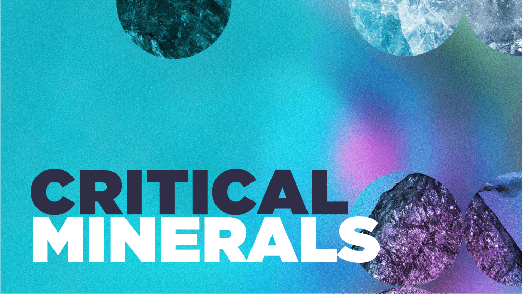 Gradient background with circles overlayed that has minerals and rocks inside.