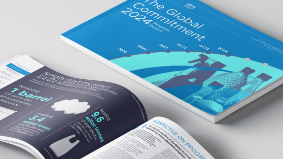 Two informational style books, one showing the global commitment 2024 and one showcasing the global commitment 2024 and its environmental impact.