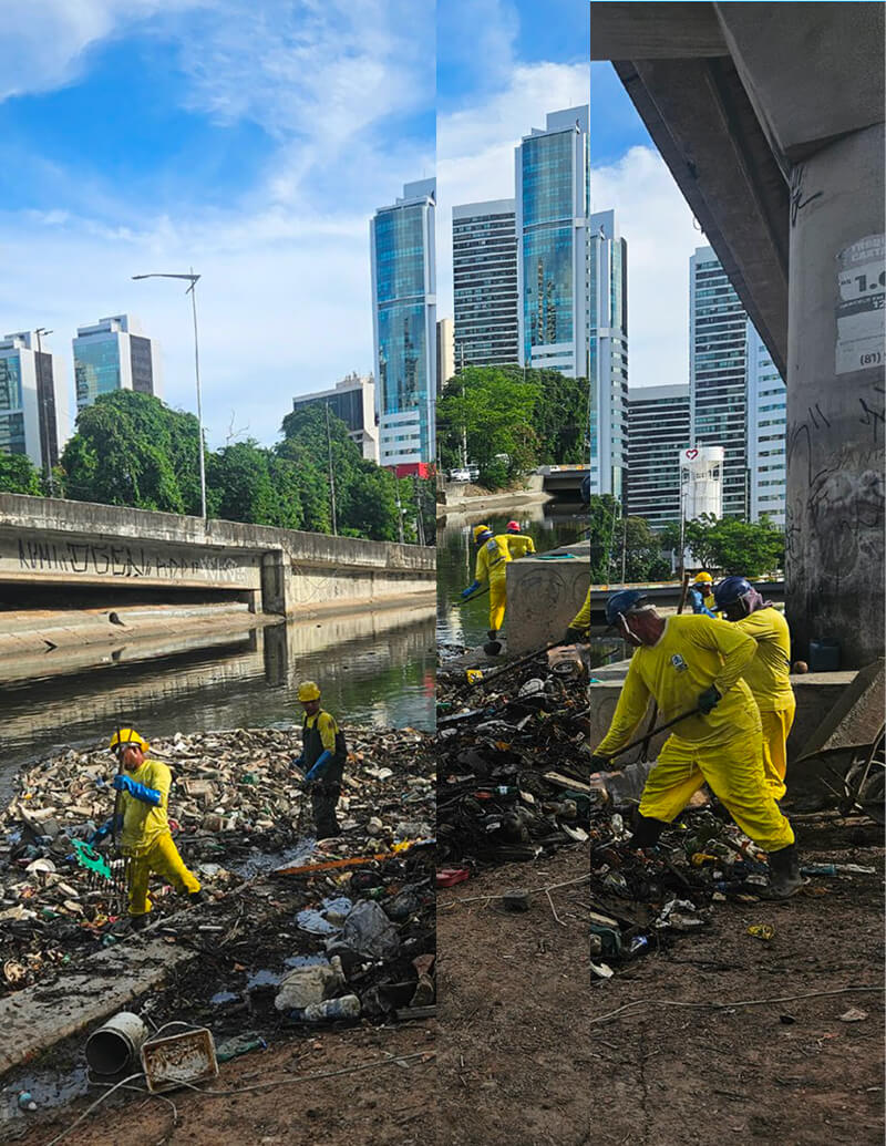 People cleaning up waste and pollution from a city river