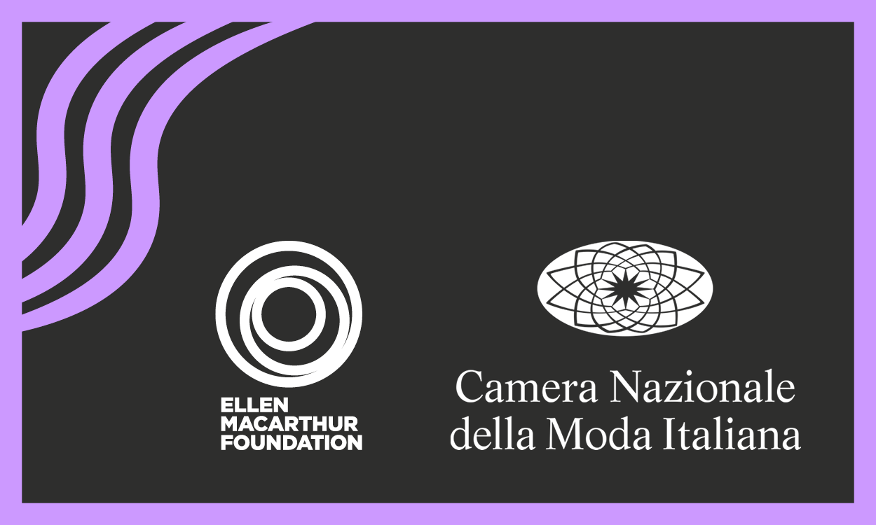 A black background with a purple border displaying both the Ellen Macarthur Foundation's logo and Camera Nazionale della Moda Italiana logo in the centre. 