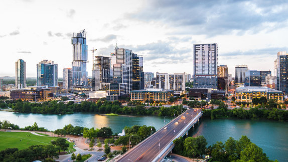 Listing image of circular example for Austin showing the city, bridge, and river